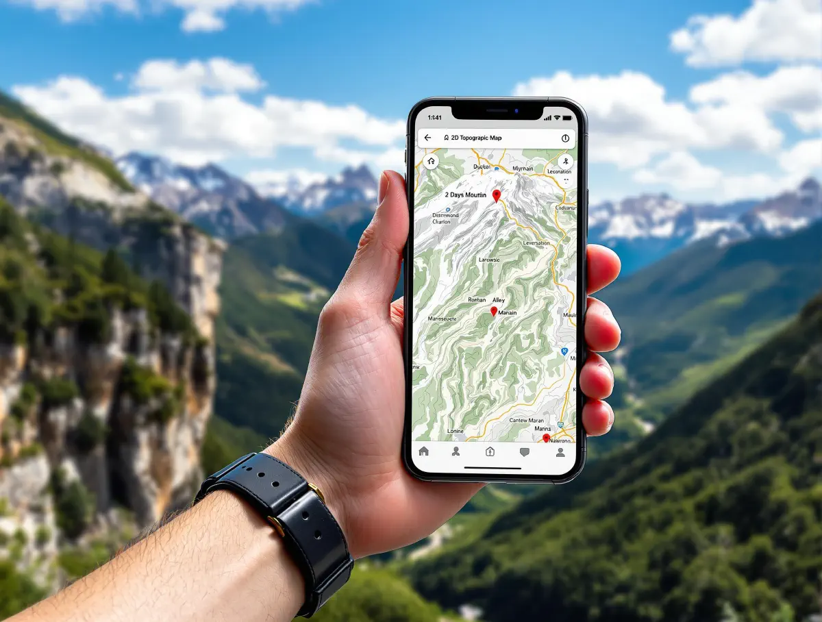 A phone displaying a topographic map with mountains in the background