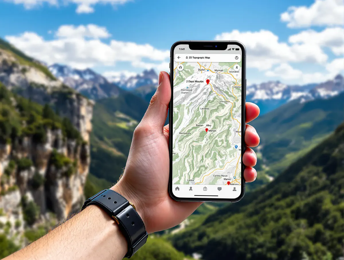 Un téléphone affichant une carte topographique avec des montagnes en arrière-plan